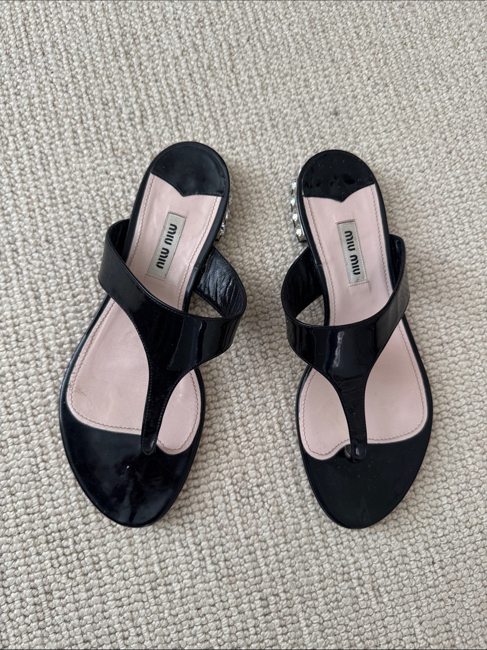 Miu Miu Black Patent Leather Thong Sandals with Blush Insole